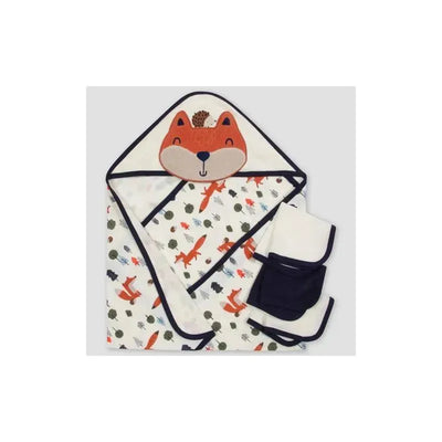 Hooded towel set for boys featuring a fox design, includes a towel and three washcloths with colorful patterns.