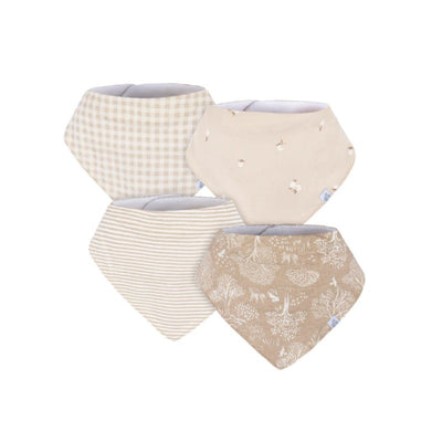 Four neutral multi-tan bandana bibs featuring varying patterns: checkered, plain, striped, and floral designs.