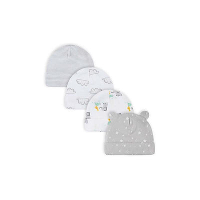 Set of four baby caps featuring neutral animal designs, including a bear, clouds, and playful patterns, ideal for newborns.
