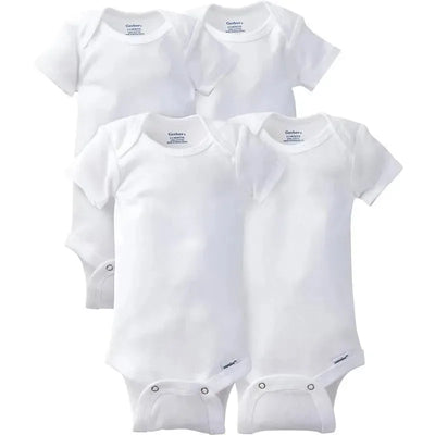 Four white short sleeve onesies from Gerber, designed for babies aged 24 months, with snap closures at the bottom.