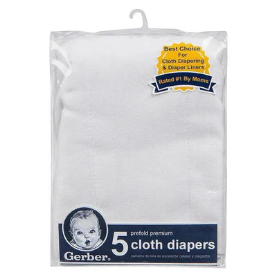 Gerber 5-pack Heavyweight Gauze Prefold Cloth Diapers in white, featuring a clear package with product details and ratings.