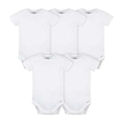 Five white interlock onesies are neatly arranged in a bundle, showcasing a soft, short-sleeve design.