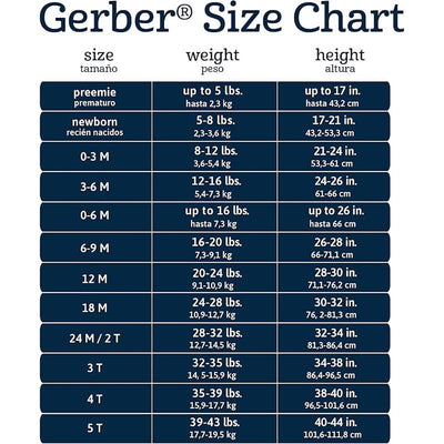 Gerber size chart for baby clothing, detailing sizes, weights, and height ranges in English and Spanish.