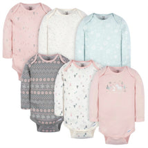 Six long sleeve onesies for baby girls, featuring pastel colors and playful patterns including flowers and winter motifs.