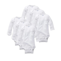 Six white long-sleeve onesies with mitten cuffs, featuring front snaps and a round neckline, suitable for infants.