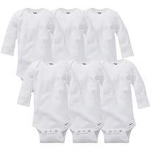Six white long-sleeve baby bodysuits with snap closures at the bottom, designed for infants.
