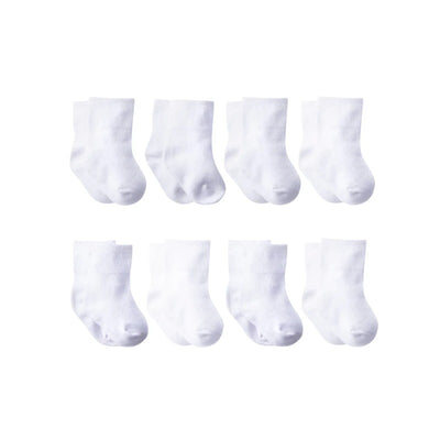 Eight pairs of white ankle socks arranged in two rows, showcasing a simple, soft design suitable for everyday wear.