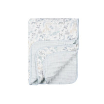 Gerber Baby Boys Muslin Blue Blanket featuring a floral and animal print on one side and a striped pattern on the reverse.