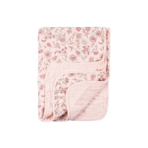 Muslin pink blanket for baby girls, featuring a floral pattern with delicate pink and gray flowers.