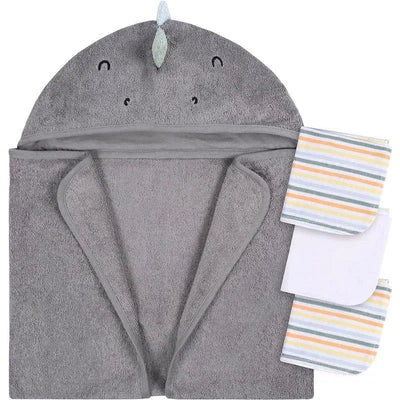 Gray hooded bath towel featuring a dinosaur design, accompanied by striped and plain washcloths.