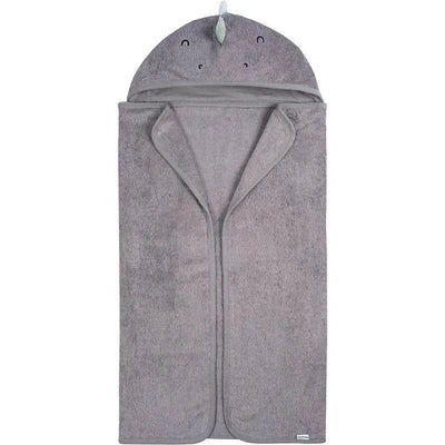 Gray baby hooded bath towel featuring a dinosaur design, ideal for keeping infants warm and cozy after baths.