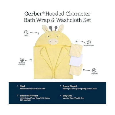 Hooded bath towel and washcloth set featuring a giraffe design, made from soft cotton, with easy-care instructions.