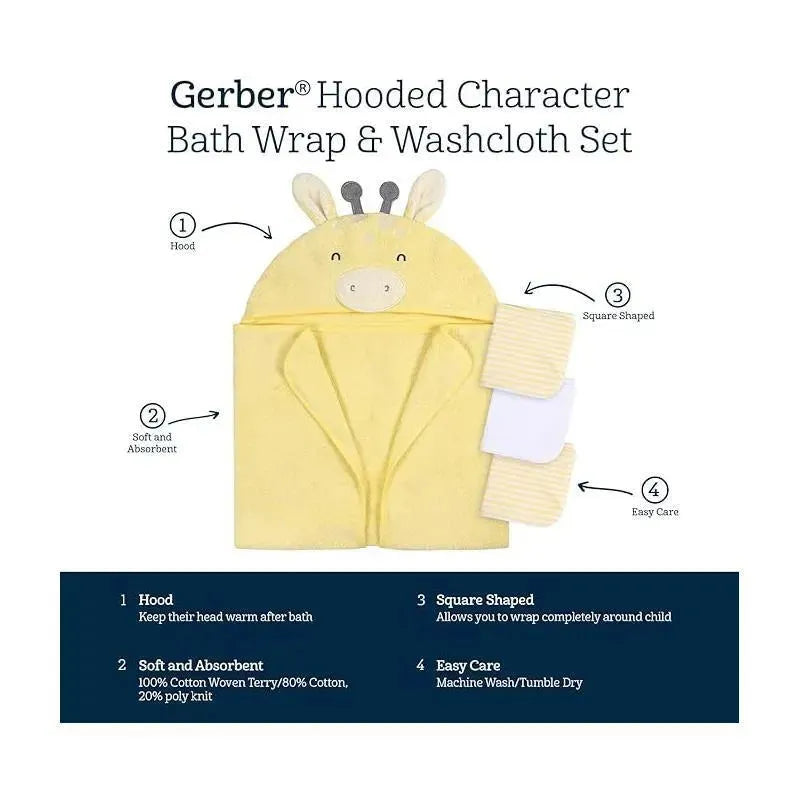 Gerber - Baby Hooded Bath Towel & Washcloths, Giraffe Image 2