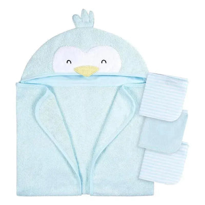 Hooded baby bath towel designed as a penguin, accompanied by striped washcloths, ideal for bathing infants.