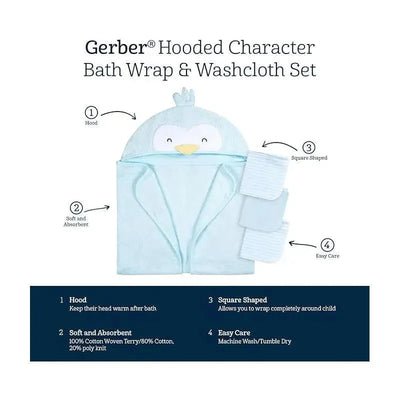 Hooded bath towel and washcloth set in penguin design, featuring soft, absorbent fabric and easy care instructions.