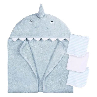 Hooded baby bath towel in shark design with smiling face, accompanied by two striped washcloths.