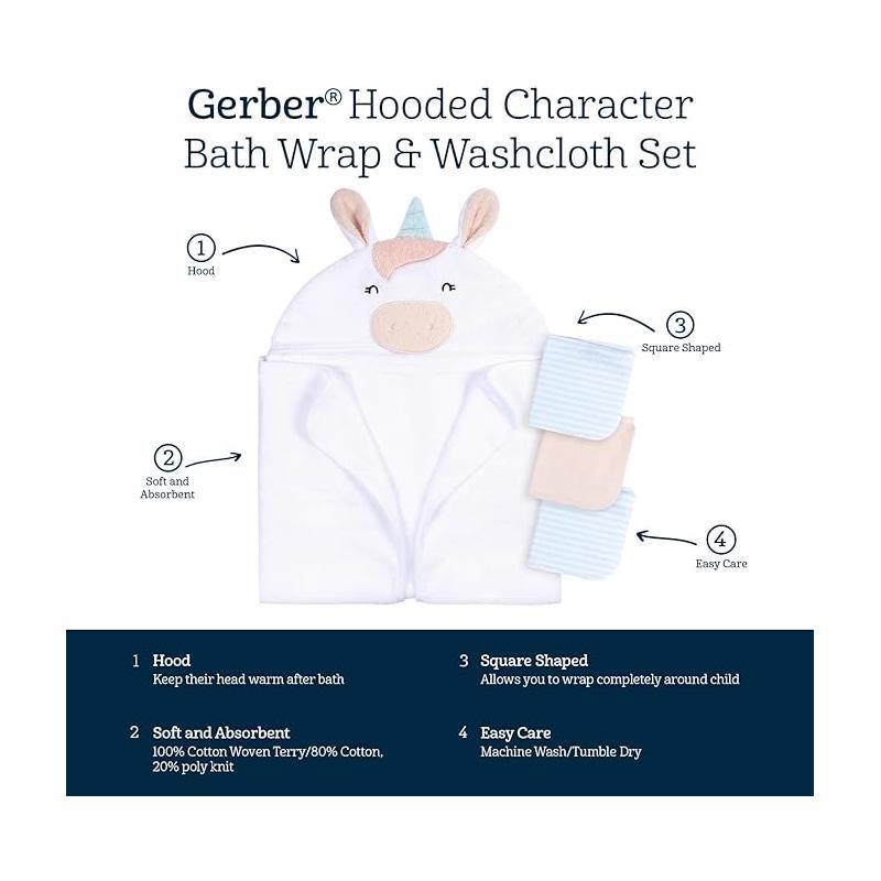Gerber - Baby Hooded Bath Towel & Washcloths, Unicorn Image 6