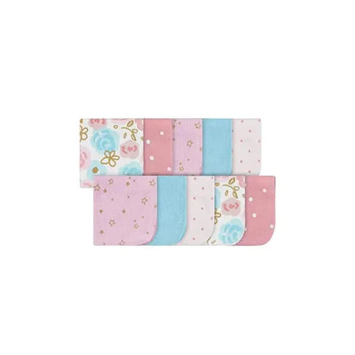 Soft baby washcloths in pink, blue, and floral designs, ideal for gentle cleaning during bath time.