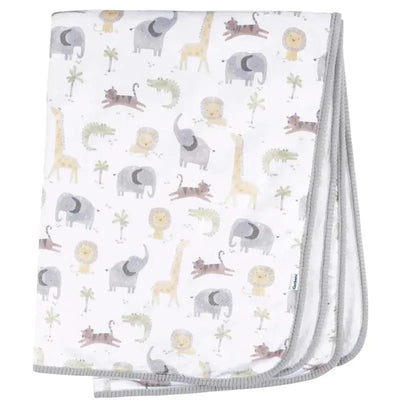Plush blanket featuring a neutral animal print with elephants, lions, giraffes, and crocodiles, bordered in gray.