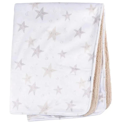 Plush blanket featuring a soft, star-patterned design in neutral colors, ideal for baby bedding.