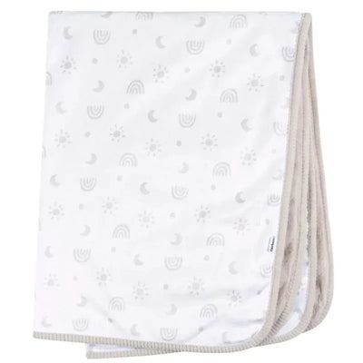 Neutral rainbow plush blanket featuring a soft, two-ply design with patterns of rainbows, suns, and moons.