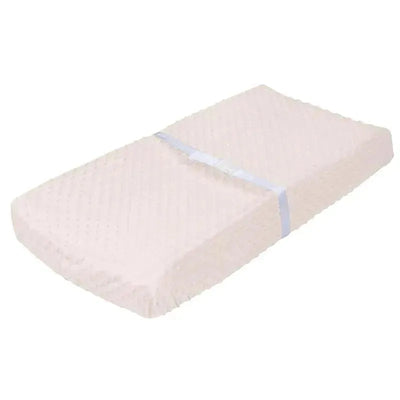 Beige changing pad cover with a textured surface and securing straps, designed for baby care.