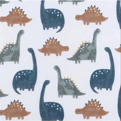 Knit crib sheet featuring playful dinosaur patterns in various colors on a white background.