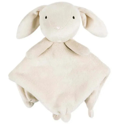 Light beige bunny security blanket with a stitched face and four floppy corners, designed for comfort and companionship.