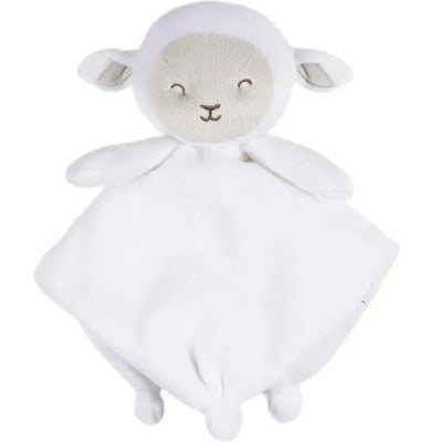Soft white security blanket shaped like a smiling sheep, featuring a plush head and flannel body.