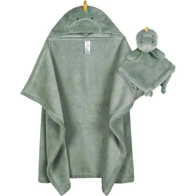 Green hooded blanket and matching security blanket, both featuring a dinosaur design for boys.