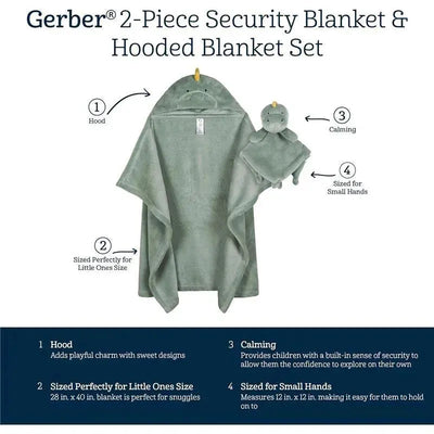 Gerber 2-piece security blanket and hooded blanket set in soft green, featuring a hood and small size for toddlers.