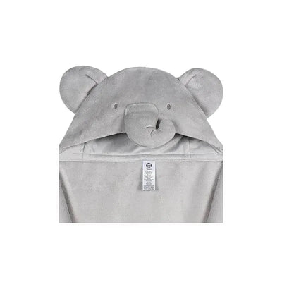 Hooded gray blanket with an elephant design featuring ears and trunk, part of the Gerber Bedding 2-piece set.