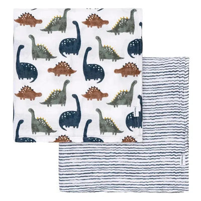 Two muslin blankets featuring a dinosaur pattern and a striped design, part of the Gerber Bedding collection.