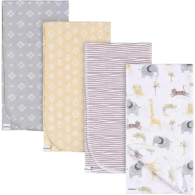 Four flannel blankets in neutral colors featuring animal designs, stripes, and patterns, ideal for infants.