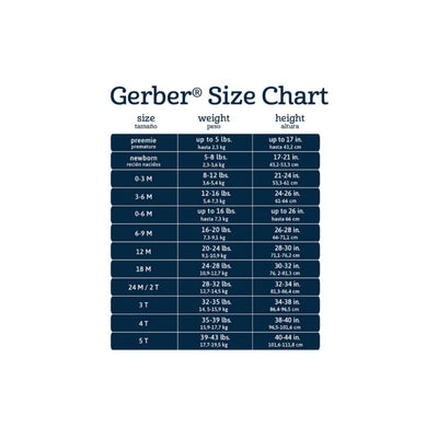 Gerber size chart detailing sizes, weight, and height for baby training pants.