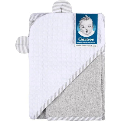 Hooded towel and washcloth mitt set for boys, featuring a bear design, in white and gray with a striped trim.