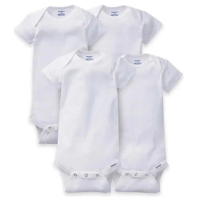 Four white short-sleeve bodysuits from Gerber, featuring snap closures at the bottom for easy dressing.
