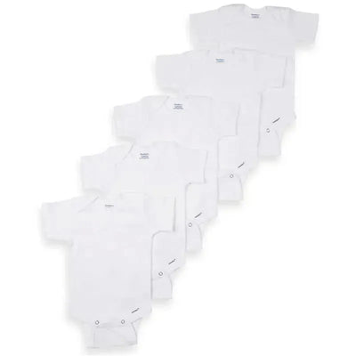 Five white short-sleeve bodysuits from the Gerber ONESIES brand with snap closures and a soft cotton fabric.