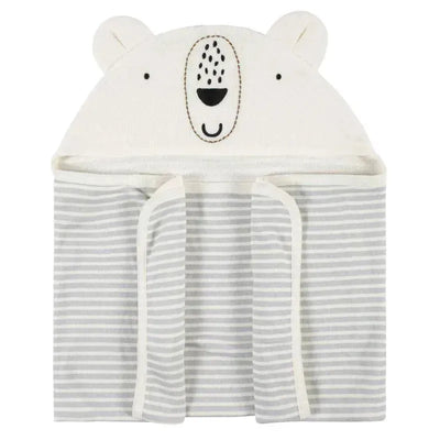 Hooded bath wrap for infants featuring a bear design with ears, in soft cotton and gray stripes.