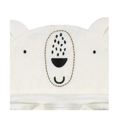Hooded bath wrap designed for infants, featuring a bear face with stitched details and ears, made from soft terry fabric.