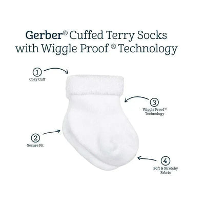 Gerber white terry cuffed socks showcasing wiggle proof technology, soft fabric, secure fit, and cozy cuff features.