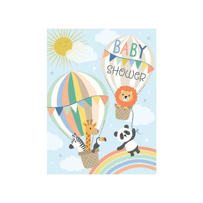 Colorful baby shower greeting card featuring hot air balloons with a lion, giraffe, zebra, toucan, and panda.