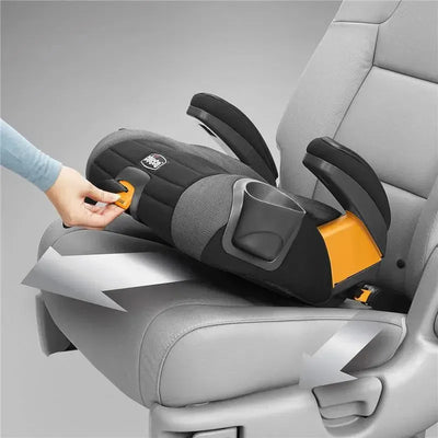 Chicco GoFit Plus backless booster car seat in Vivaci design, being adjusted in a vehicle seat.