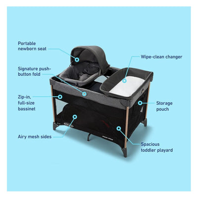 Graco 4Ever DLX 4-in-1 car seat in Maven color, showing key features like a newborn seat, storage pouch, and wipe-clean changer.