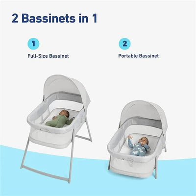 Two Graco Dream More 2-in-1 Travel Bassinets: a full-size bassinet with a sleeping baby in green and a portable bassinet with a baby in blue.