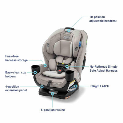 Graco Extend2Fit 3-in-1 Convertible Baby Car Seat in Ashten color, featuring an adjustable headrest, cup holders, and safety harness.