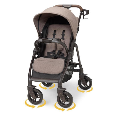 Graco Merge Stroller with brown fabric seat, adjustable canopy, and 360-degree rotating wheels.