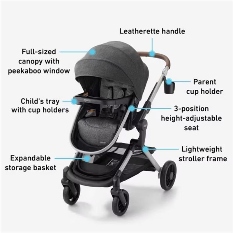 Graco Modes Nest Travel System in Sullivan features a lightweight stroller frame, adjustable seat, and cup holders.