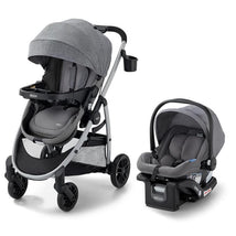 Graco Modes Pramette 3-in-1 Travel System in Ellington, featuring a stroller with a grey canopy and an infant car seat.