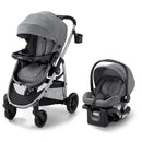 Graco Modes Pramette 3-in-1 Travel System in Ellington, featuring a stroller with a grey canopy and an infant car seat.